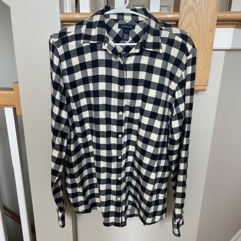 Lands' End Black and White Flannel Button Down Shirt